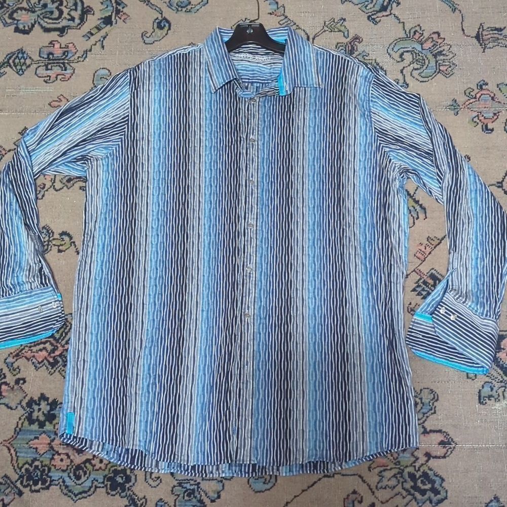Mens‎ M Button Up Shirt Long Sleeve Blue Black Gray Stripes big & Tall